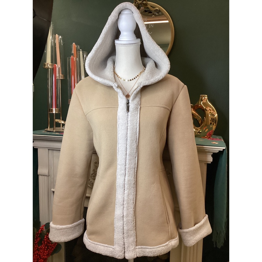 Esprit Sherpa Lined Hooded‎ Jacket Beige Soft Fleece Full Zip Women L